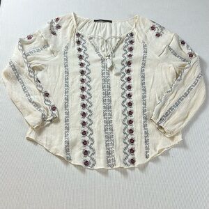 Anthropologie Azel Hazel LARGE V-Neck Embroidered Peasant Blouse Cream/Red/Black